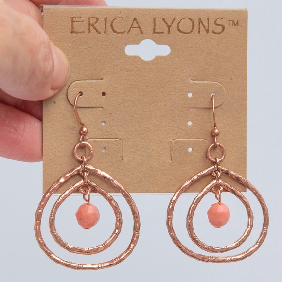 Boho drop style earrings peach fuzz bead & rose gold look by Erica Lyons - Picture 2 of 6